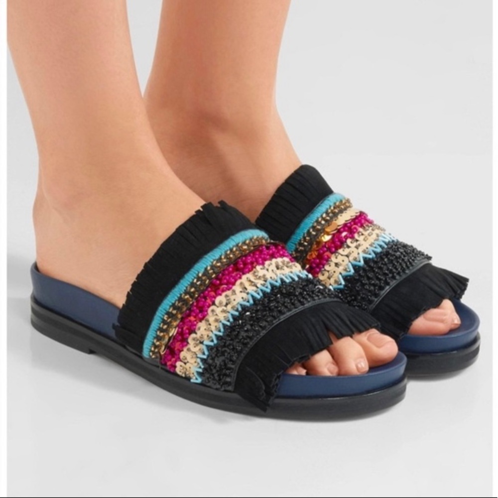 Tory Burch size 9 isle navy beaded navy sequin slide fringe cute trendy vacay
